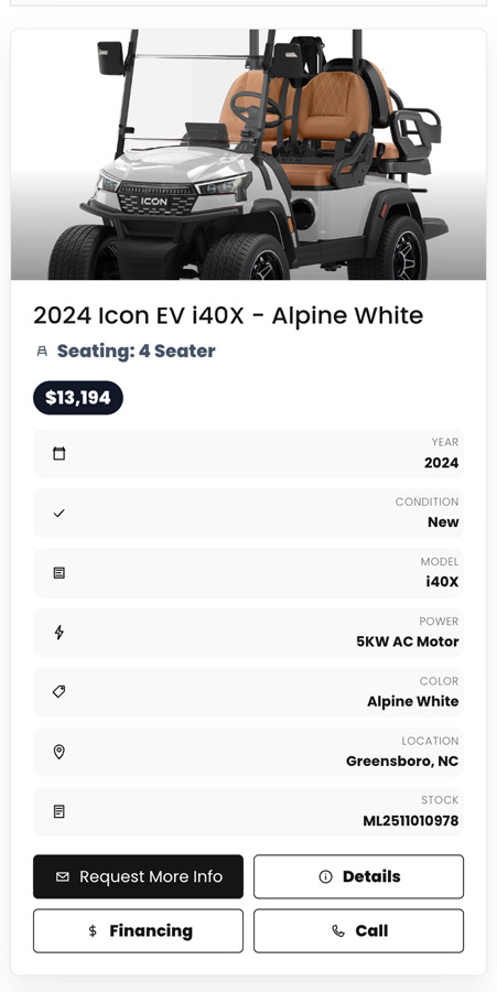 Responsive golf cart inventory card on mobile