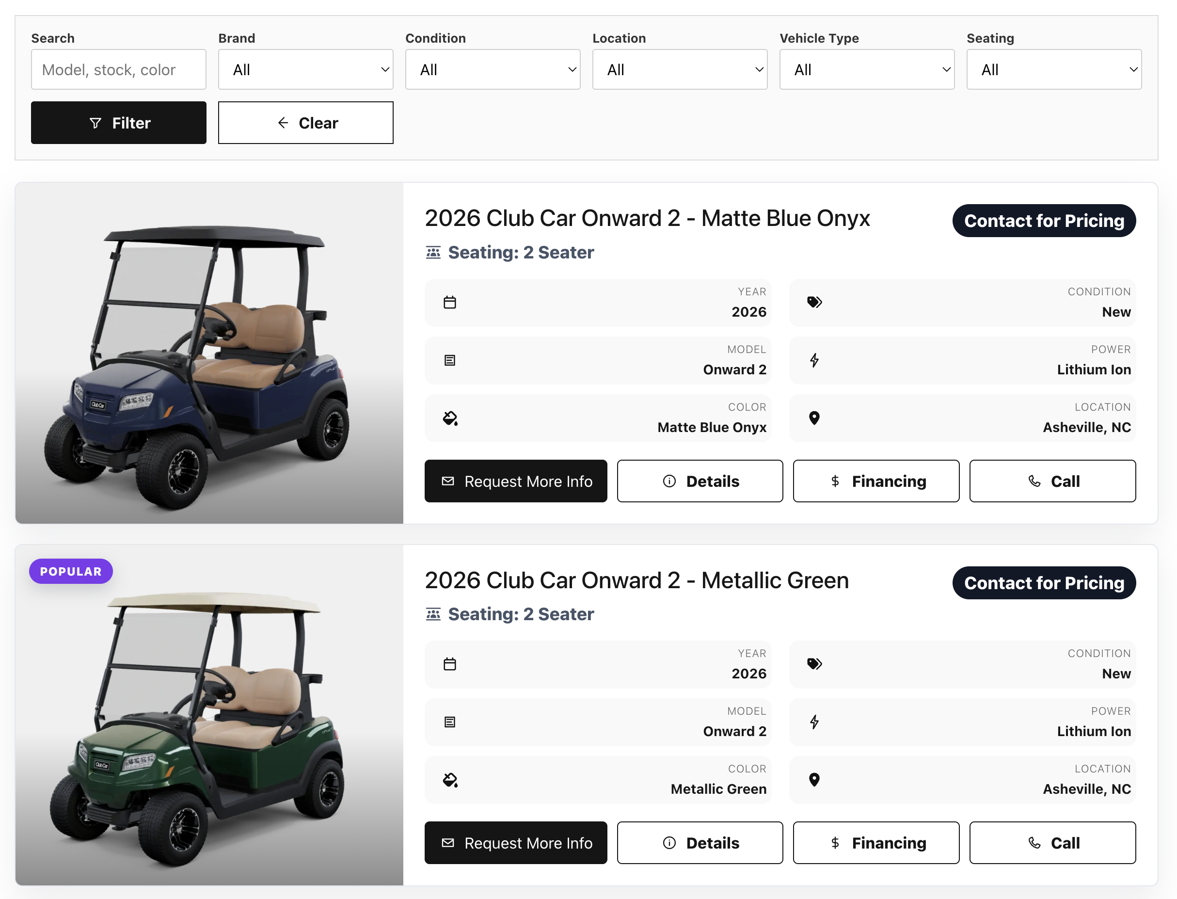 Desktop golf cart inventory catalog with filters and vehicle cards