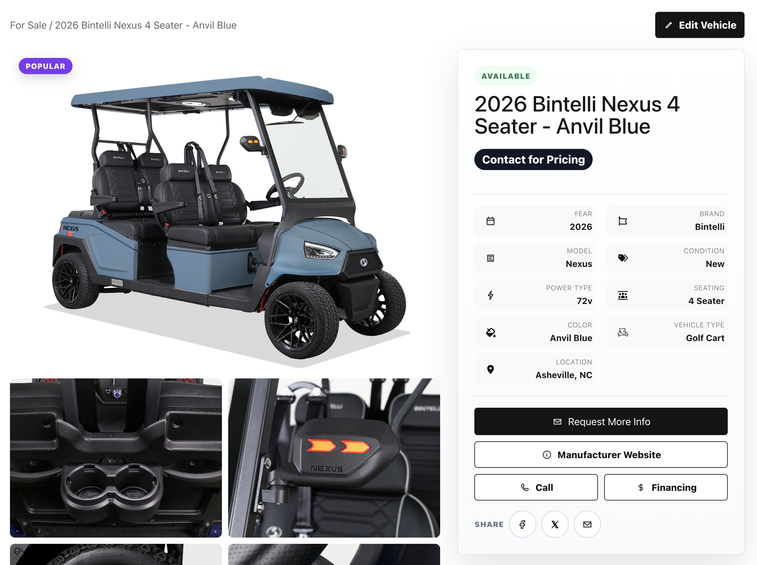 SEO-friendly individual golf cart page with gallery and specifications