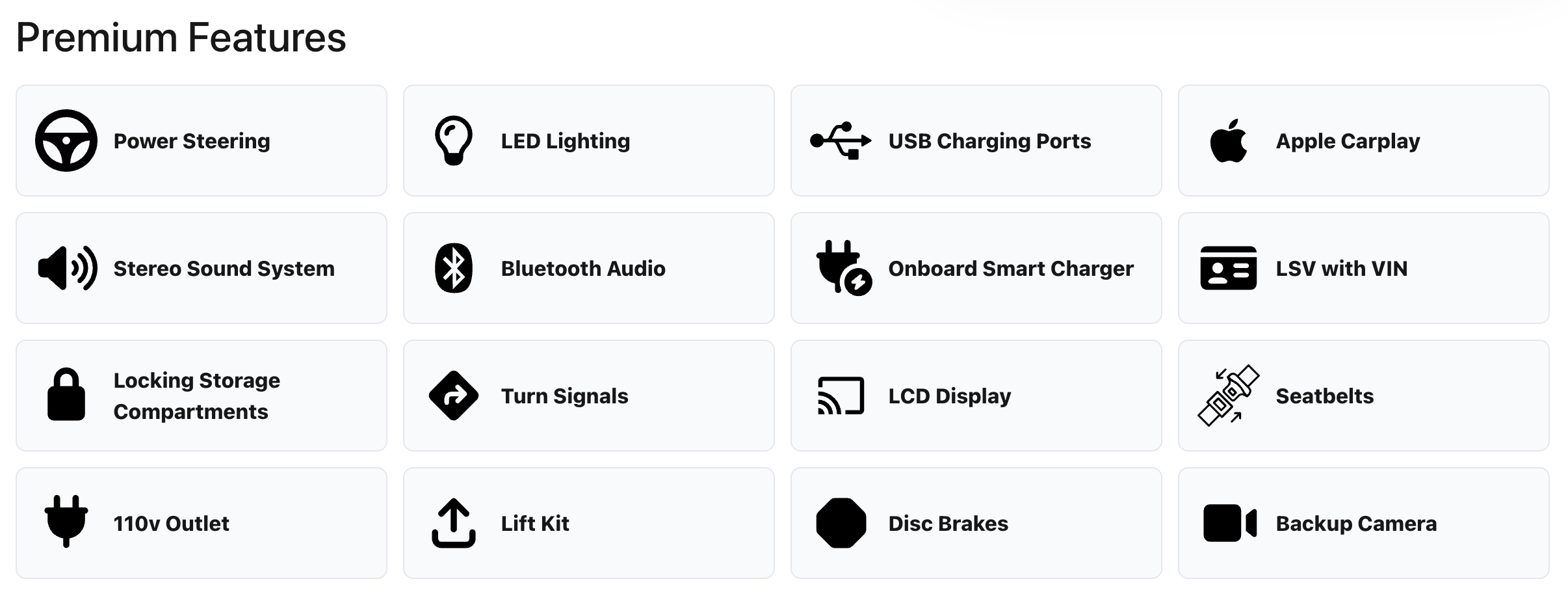 Golf cart premium feature icon grid