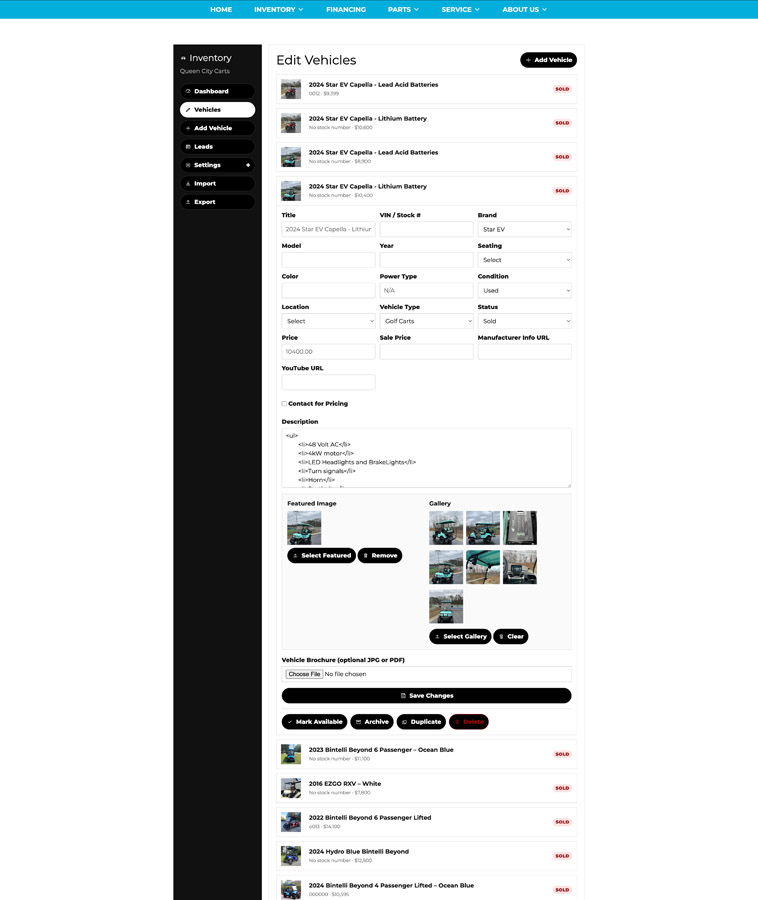 Vehicle management screen in the golf cart dealer portal